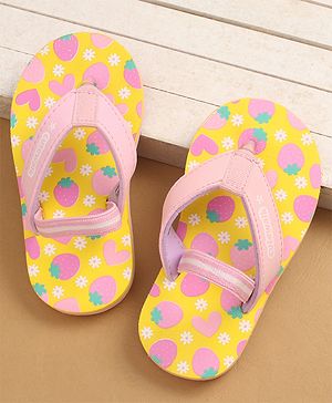 Cute Walk by Babyhug Flip Flops with Back Strap Closure & Strawberry Print - Yellow & Pink