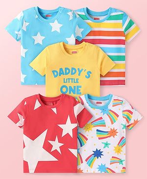 Babyhug Cotton Knit Half Sleeves  T-Shirts with Stripes & Star Print Pack of 5 - Blue Red & Yellow