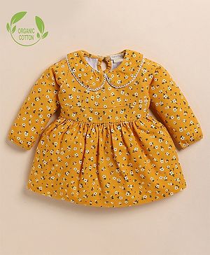 Cot & Candy Organic Cotton Full Sleeves Floral Printed Dress - Mustard