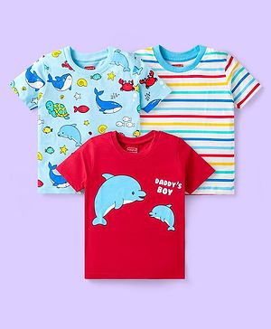 Babyhug Cotton Knit Half Sleeves  T-Shirts with Stripes & Fish Print Pack of 3 - Blue Red & Yellow