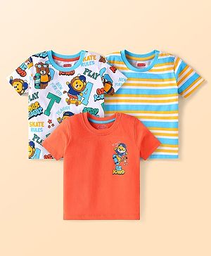 Babyhug Cotton Knit Half Sleeves T-Shirts with Stripes & Animal Print Pack of 3 - White & Orange