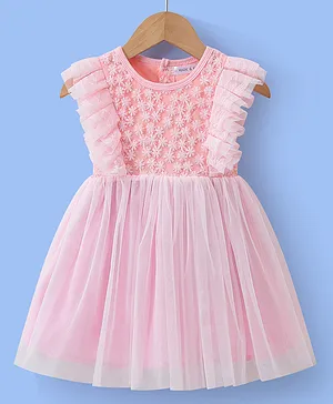Mark & Mia Sleeveless Party Frock
                              with Floral Embroidery & Mesh - Pink