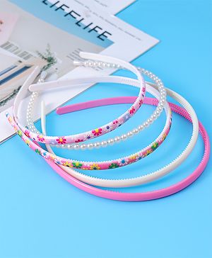 Pine Kids Hair Bands with Pearls & Floral Print Pack Of 5 - White & Pink
