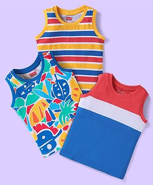 Babyhug Cotton Knit Sleeveless Tank T-Shirts With Stripes & Abstract Print Pack Of 3 - Red Blue & Yellow