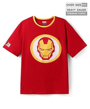 Pine Kids Marvel Terry Knit Half Sleeves Drop Shoulder Light Oversize T-Shirt With Iron Man Graphic & Gold Foil Detailing - Red