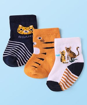 Cute Walk By Babyhug Knit Ankle Length Anti-Bacterial Socks with Animal Design Pack of 3 - White & Tan