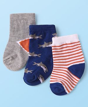 Cute Walk by Babyhug Knit Ankle Length Antibacterial Socks with Whale Design & Stripes Pack of 3 - Red Navy Blue & Grey