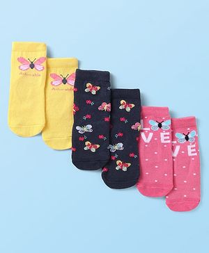 Cute Walk By Babyhug Knit Ankle Length Anti-Bacterial Socks with Butterfly & Floral Design Pack of 3 - Yellow Navy Blue