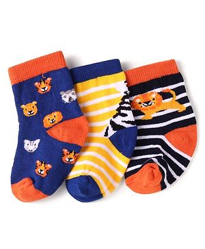 Cute Walk by Babyhug Knit Ankle Length Antibacterial Socks with Animal Design & Stripes Pack of 3 - White Black & Yellow