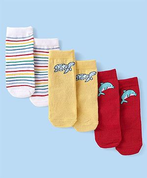 Cute Walk by Babyhug Ankle Length Antibacterial Socks with Stripes & Animal Design Pack Of 3 - Yellow & Red