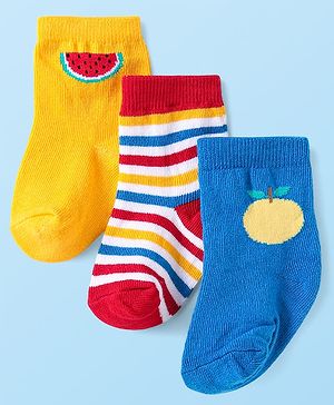 Cute Walk By Babyhug Anti-Bacterial Ankle Length Socks With Stripe & Fruit Design Pack of 3 - Red & Blue
