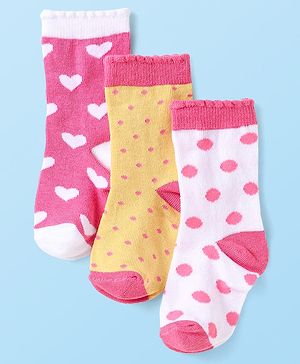 Cute Walk By Babyhug Anti-Bacterial Ankle Length Socks with Heart & Polka Dots Pack of 3 - Pink & White
