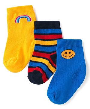 Cute Walk By Babyhug Anti-Bacterial Ankle Length Socks with Stripes & Smiley Design Pack of 3 - Blue & Yellow