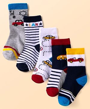 Cute Walk By Babyhug Anti-Bacterial Ankle Length Socks with Stripes & Vehicle Design Pack of 5 - Black & White