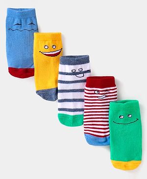 Cute Walk By Babyhug Anti-Bacterial Ankle Length Socks with Stripes & Smiley Design Pack of 5 - Blue & Yellow