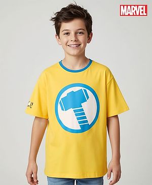 Pine Kids Marvel  Terry Knit Half Drop Shoulder Sleeves T-Shirt with Thor Graphic Gold Foil Detailing - Yellow