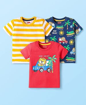 Babyhug Cotton Knit Half Sleeves T-Shirts with Stripes & Animal Print Pack of 3 - Navy Blue & Yellow