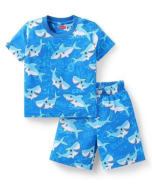 Babyhug Cotton Knit Half Sleeves Short Night Suit  with Whale Print - Blue