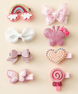 Babyhug Hair Clips with Butterfly Bow Heart Applique Pack of 8 - Multicolor