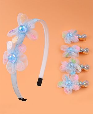 Babyhug Hair Accessories Combo Set with Floral & Diamond Applique - Light Blue