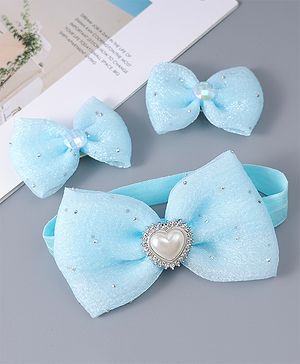 Babyhug Headband & Clips with Bow Applique Accessories Set - Light Blue