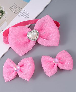 Babyhug Headband & Clips with Bow Applique Accessories Set - Dark Pink