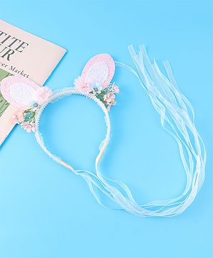 Babyhug Free Size Hair Band With Floral & Bunny Ear Applique With String - White & Pink