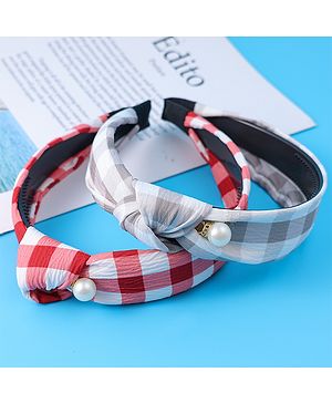 Pine Kids Free Size Hair Bands With Checks Print & Pearl Detailing Pack Of 2 - Red & Beige