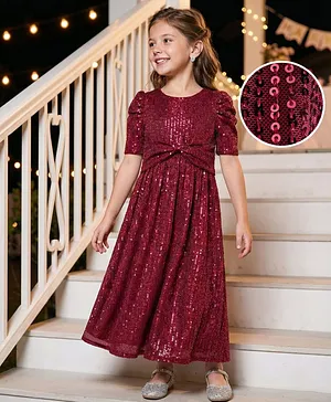 Hola Bonita Knit Three Fourth Sleeves
                              Party Gown With Sequin Detailing - Maroon