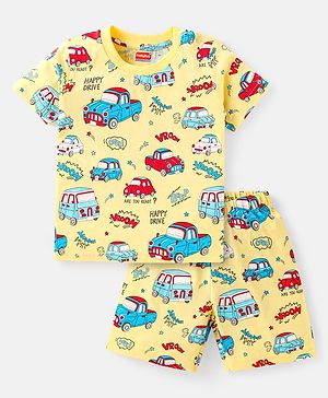 Babyhug Cotton Knit Half Sleeves Shorts Night Suit With Car Print - Yellow