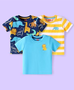 Babyhug Cotton Knit Half Sleeves T-Shirts With Animal Print Pack of 3 - Yellow Light & Navy Blue