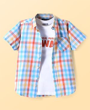Pine Kids Cotton Woven Half Sleeves Checks Shirt With Printed T-Shirt - Light Blue & White