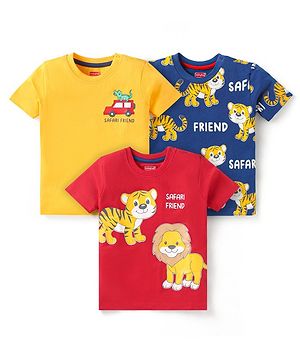 Babyhug Cotton Knit Half Sleeves T-Shirts with Animal Prints Pack of 3 - Red Yellow & Blue