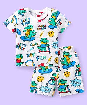 Babyhug Cotton Knit Half Sleeves Short Night Suit  with Dino Print - White