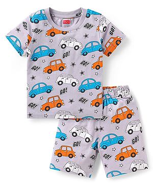 Babyhug Cotton Knit Half Sleeves Short Night Suit  with Car Print - Grey