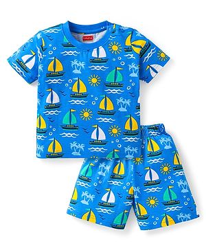 Babyhug Cotton Knit Half Sleeves Shorts Night Suit With Beach Theme Print - Blue