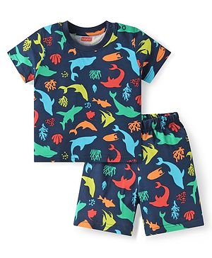 Babyhug Cotton Knit Half Sleeves Shorts Night Suit With Dino Print - Navy Blue