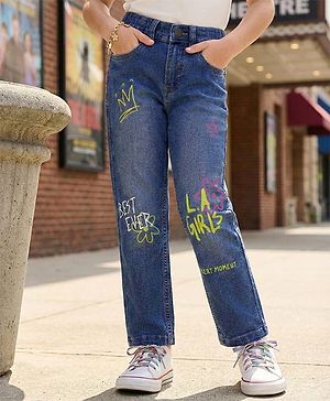 Pine Kids Denim Woven Full Length Washed Jeans With Text Print - Blue