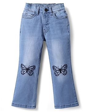 Pine Kids Denim Woven Full Length Washed Jeans With Butterfly Embroidery - Blue