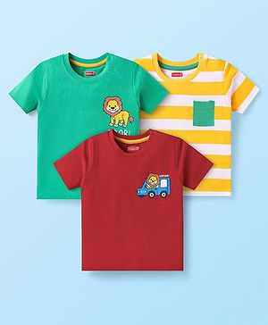 Babyhug Cotton Knit Half Sleeves T-Shirt With Stripes & Animal Print Pack Of 3 - Yellow Green & Maroon