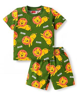 Babyhug Cotton Knit Half Sleeves Shorts Night Suit With Lion Print - Green