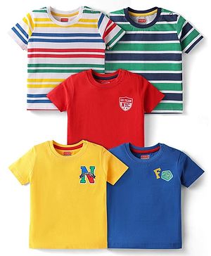 Babyhug Cotton Knit Half Sleeves Striped T-Shirts with Sports Theme Print Pack of 5 - Multicolor