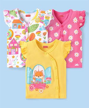 Babyhug Interlock Knit Frill Sleeves Front Open Vest with Floral Print Pack of 3 - Yellow White & Pink