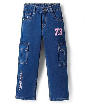 Pine Kids Denim Woven Full Length Jeans with Venice Beach Text Print - Navy Blue