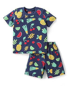 Babyhug Cotton Knit Half Sleeves Shorts Night Suit with Tropical Theme Print - Navy Blue