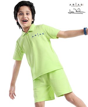 Arias Cotton Waffle Knit Half Sleeves Text Printed Polo T-Shirt & Shorts Set - Lime Green