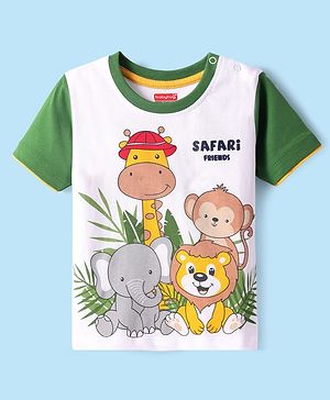 Babyhug Cotton Knit Half Sleeves T-Shirt With Animal & Text Print - White & Green