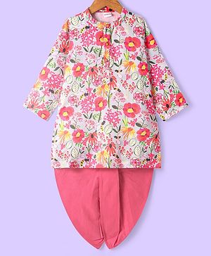 Babyhug Cotton Woven Full Sleeves Floral Printed Kurta with Solid Colour Dhoti Set - Pink & White