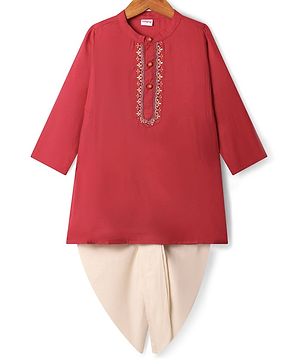 Babyhug Woven Full Sleeves Embroidery Kurta & Dhoti Set -  Red