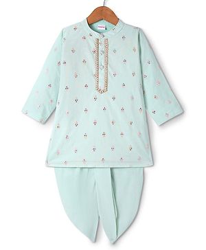 Babyhug Cotton Woven Full Sleeves Kurta Dhorti Set with Floral Embroidery - Sea Green